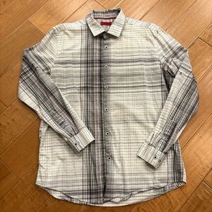 Alfani Mens Long Sleeve Button-front Cotton White and Gray Plaid Shirt Sz Large